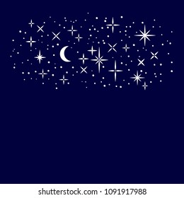 White shiny stars and moon on dark blue sky, childish cartoon illustration, vector