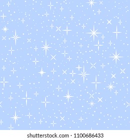 White shiny stars on blue, childish cartoon seamless pattern, vector