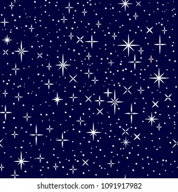 White shiny stars on dark blue sky, childish cartoon seamless pattern, vector