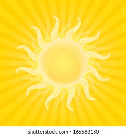 White Shiny Sun Icon with Beams in Orange Sky. Vector