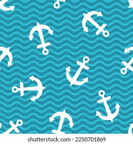 White ship anchor on turquoise blue wave ripple background. Marine vector seamless pattern. Yacht anchor travel symbol illustration. Sea waves texture. Teal blue ocean and white boat anchor design.