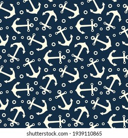 White ship anchors isolated on dark blue background. Cute marine seamless pattern. Vector simple flat graphic illustration. Texture.