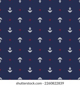 White ship anchors and red dots marine vector seamless pattern. Clothes print. Navy vessel equipment ornament. Boat anchor endless pattern, sailor style shirt fabric print. svg