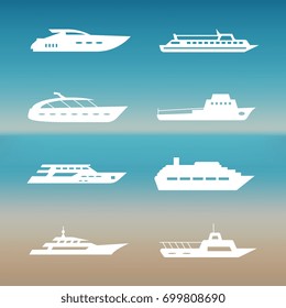 White ship and boats icons collection. Transport travel, vector illustration