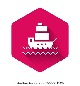 White Ship icon isolated with long shadow. Pink hexagon button. Vector Illustration