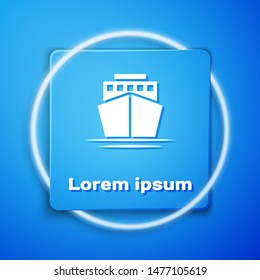 White Ship icon isolated on blue background. Blue square button. Vector Illustration