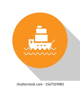 White Ship icon isolated on white background. Orange circle button. Vector Illustration