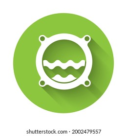 White Ship porthole with rivets and seascape outside icon isolated with long shadow. Green circle button. Vector