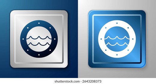 White Ship porthole with rivets and seascape outside icon isolated on blue and grey background. Silver and blue square button. Vector