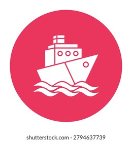 A white ship sails on wavy waters within a pink circle, symbolizing transportation and travel. A simple yet effective icon for various uses.