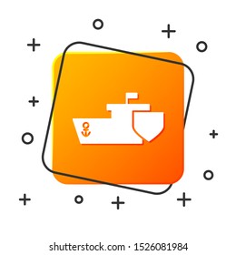 White Ship with shield icon isolated on white background. Insurance concept. Security, safety, protection, protect concept. Orange square button. Vector Illustration