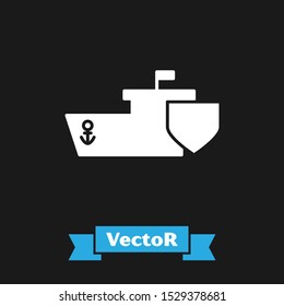 White Ship with shield icon isolated on black background. Insurance concept. Security, safety, protection, protect concept.  Vector Illustration