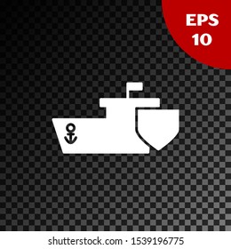 White Ship with shield icon isolated on transparent dark background. Insurance concept. Security, safety, protection, protect concept.  Vector Illustration