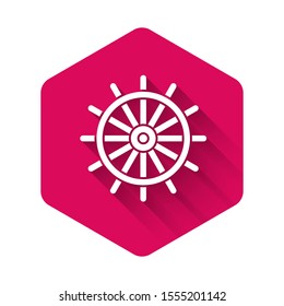 White Ship steering wheel icon isolated with long shadow. Pink hexagon button. Vector Illustration