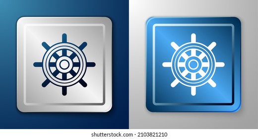 White Ship steering wheel icon isolated on blue and grey background. Silver and blue square button. Vector
