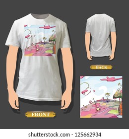 White shirt with cute design inside. Realistic vector illustration.