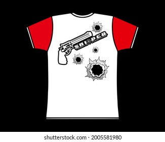 White Shirt With Red Short Sleeve With Gun Design With Bullet Hole Element, Vector Editable Eps.10