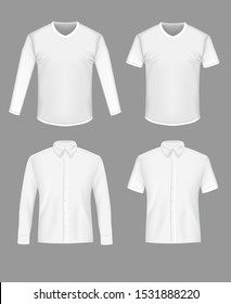 White shirt and t-shirt mockup set, vector isolated illustration. Mens realistic clothing front side template.