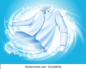 white shirt washed and spun in water, with soap bubble elements, isolated blue background 3d illustration