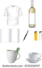 A white shirt, wine bottle, open book, pen, lighter, tea cup, coffee cup