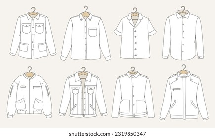 Camisas blancas y chaquetas puestas. Ropa unisex de moda para hombres y mujeres. Chalecos de algodón y de denim de moda con botones, bolsillos, mangas largas y cortas. Vector plano lineal aislado en fondo blanco