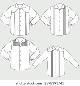 White shirts and jackets set. Fashionable unisex clothes for men and women. Trendy cotton and denim vests with buttons, pockets, long and short sleeves. Linear flat vector isolated on white background