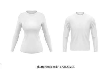 White shirts with long sleeves for men and women vector mockup. Blank appaprel design front view, realistic long sleeved tshirts, underwear, sport garment or casual teenager cotton clothes 3d template svg