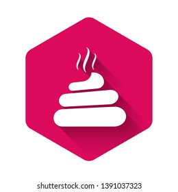 White Shit icon isolated with long shadow. Pink hexagon button. Vector Illustration