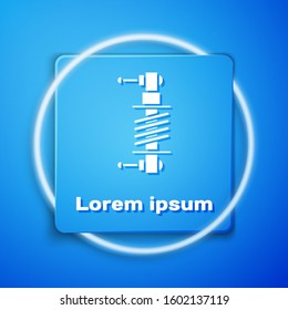 White Shock absorber icon isolated on blue background. Blue square button. Vector Illustration