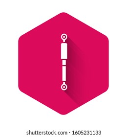 White Shock absorber icon isolated with long shadow. Pink hexagon button. Vector Illustration