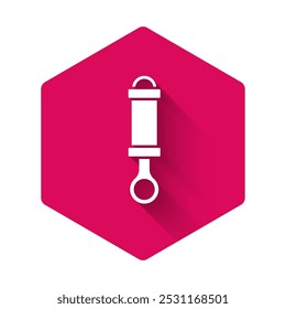 White Shock absorber icon isolated with long shadow. Pink hexagon button. Vector