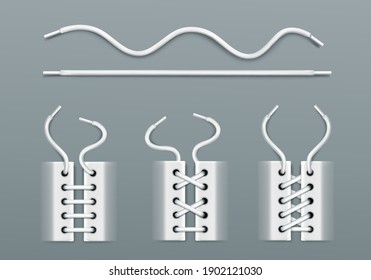White shoelaces, lacing by ropes in sneakers different ways. Vector realistic set of wavy and straight footwear cords, boots or shoes with strings isolated on gray background