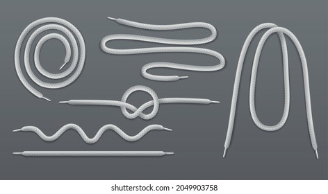 White shoelaces straight curly coiled wavy loop lashing realistic set with overhand knot grey background vector illustration