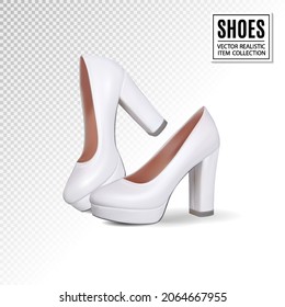 White shoes of the bride. Beautiful classic wedding shoes on transparent background. Quality realistic vector, 3d illustration svg