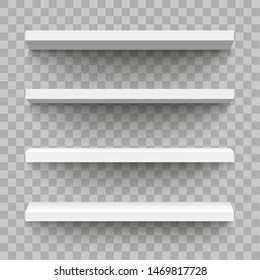 White shop product shelves. Blank empty showcase display, 3D supermarket retail shelves. Bookcase store rack, shopping merchandise market products racks realistic vector isolated mockup.