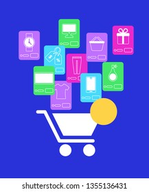 White Shopcart and Different Mobile Application Icons for Online Shopping on Blue Background. Winter, Summer, Autumn, Spring Sale. Trolley Full of Things Bought on Discount. Flat Vector Illustration