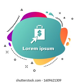White Shoping bag and dollar icon isolated on white background. Handbag sign. Woman bag icon. Female handbag sign. Abstract banner with liquid shapes. Vector Illustration