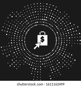 White Shoping bag and dollar icon isolated on grey background. Handbag sign. Woman bag icon. Female handbag sign. Abstract circle random dots. Vector Illustration
