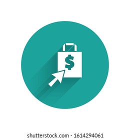 White Shoping bag and dollar icon isolated with long shadow. Handbag sign. Woman bag icon. Female handbag sign. Green circle button. Vector Illustration