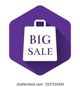 White Shoping bag with an inscription Big Sale icon isolated with long shadow. Handbag sign. Woman bag icon. Female handbag sign. Purple hexagon button. Vector Illustration