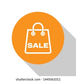 White Shoping bag with an inscription Sale icon isolated on white background. Handbag sign. Woman bag icon. Female handbag sign. Orange circle button. Vector Illustration