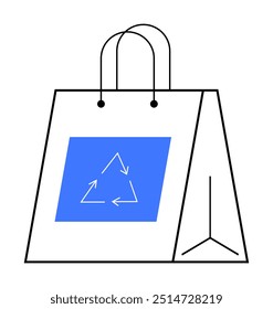 A white shopping bag with a blue recycling symbol. Ideal for sustainability, eco-friendly shopping, recycling awareness, green retail, and environmental conservation campaigns. Simple, modern style.