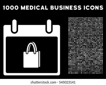 White Shopping Bag Calendar Day vector icon with 1000 medical business pictograms. Set style is flat symbols, white color, black background.
