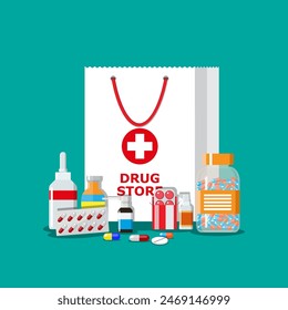 White shopping bag with different medical pills and bottles, healthcare and shopping, pharmacy, drug store. Vector illustration in flat style