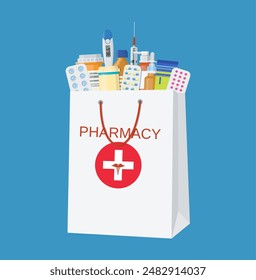 Bolso de compras blanco con diferentes pastillas médicas y botellas, atención médica y compras, farmacia, farmacia. Ilustración vectorial en estilo plano