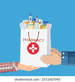 Saco de compras branco com diferentes pílulas médicas e garrafas na mão. Saúde e compras, farmácia, farmácia. Ilustração vetorial em estilo plano