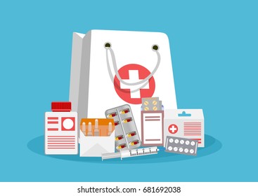 White Shopping Bag With Different Medical Pills And Bottles, Healthcare And Shopping, Pharmacy, Drug Store. Vector Illustration In Flat Style
