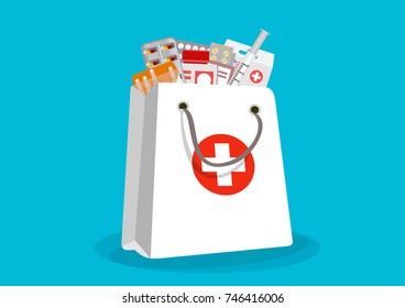 White shopping bag with different medical pills and bottles. Vector illustration in flat style