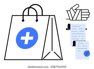 White shopping bag with health cross, paper receipt, and bandaged hand gestures. Ideal for healthcare, medical supplies, pharmacy, wellness, health and medicine shopping themes. Vector, simplistic