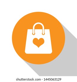 White Shopping bag with heart icon isolated on white background. Shopping bag shop love like heart icon. Valentine's day symbol. Orange circle button. Vector Illustration